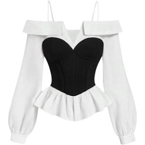 image:imageMakeMeChic Womens Corset Tops Lantern Sleeve Cold Shoulder Blouse Color Block Renaissance Shirt Spring TopBlack and White