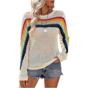 image:imageMakeMeChic Womens Crochet Cover Up Top Swimsuit Rainbow Hollow Out Long Sleeve Beach Pullover SweaterApricot