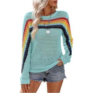 image:imageMakeMeChic Womens Crochet Cover Up Top Swimsuit Rainbow Hollow Out Long Sleeve Beach Pullover SweaterBlue