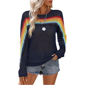 image:imageMakeMeChic Womens Crochet Cover Up Top Swimsuit Rainbow Hollow Out Long Sleeve Beach Pullover SweaterBlue Striped
