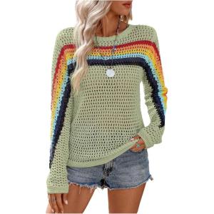 image:imageMakeMeChic Womens Crochet Cover Up Top Swimsuit Rainbow Hollow Out Long Sleeve Beach Pullover SweaterGreen