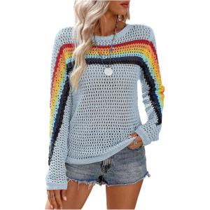 image:imageMakeMeChic Womens Crochet Cover Up Top Swimsuit Rainbow Hollow Out Long Sleeve Beach Pullover SweaterLight Blue