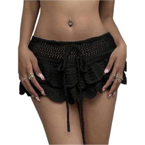 image:imageMakeMeChic Womens Crochet Mini Skirt Swimsuit Beach Coverup Tiered Ruffle Boho SkirtsBlack