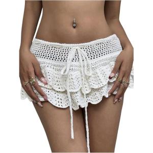 image:imageMakeMeChic Womens Crochet Mini Skirt Swimsuit Beach Coverup Tiered Ruffle Boho SkirtsWhite