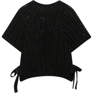 image:imageMakeMeChic Womens Crochet Tops Crew Neck Sweater Short Sleeve Tie Side Knit Crop TopsBlack