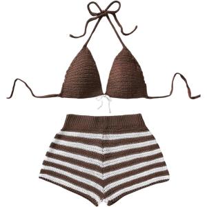 image:imageMakeMeChic Womens Crochet Two Piece Cover Up Outfit Halter Tie Backless Bikini Top and Striped Shorts SetBrown