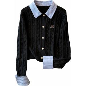 image:imageMakeMeChic Womens Cropped Sweater Collared Cable Knit Cardigan Button Down Long Sleeve Formal Preppy ClothesBlack