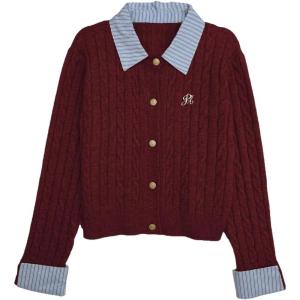 image:imageMakeMeChic Womens Cropped Sweater Collared Cable Knit Cardigan Button Down Long Sleeve Formal Preppy ClothesBurgundy