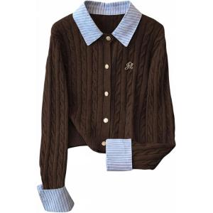 image:imageMakeMeChic Womens Cropped Sweater Collared Cable Knit Cardigan Button Down Long Sleeve Formal Preppy ClothesChocolate Brown