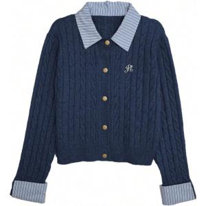 image:imageMakeMeChic Womens Cropped Sweater Collared Cable Knit Cardigan Button Down Long Sleeve Formal Preppy ClothesRoyal Blue