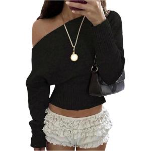 image:imageMakeMeChic Womens Cropped Sweaters Long Sleeve Off The Shoulder Sweater Y2k Going Out TopsBlack