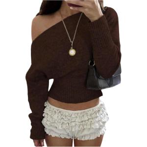image:imageMakeMeChic Womens Cropped Sweaters Long Sleeve Off The Shoulder Sweater Y2k Going Out TopsBrown