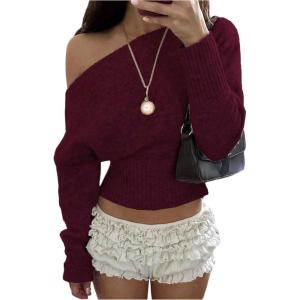 image:imageMakeMeChic Womens Cropped Sweaters Long Sleeve Off The Shoulder Sweater Y2k Going Out TopsBurgundy
