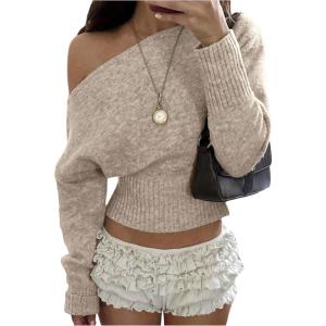 image:imageMakeMeChic Womens Cropped Sweaters Long Sleeve Off The Shoulder Sweater Y2k Going Out TopsKhaki