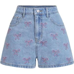 image:imageMakeMeChic Womens Denim Shorts Bow Embroidery Straight Y2k Jean Shorts with PocketBlue