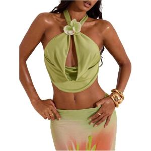 image:imageMakeMeChic Womens Draped Neck Halter Top 3D Floral Backless Sleeveless Summer Beach Vacation Crop Tank TopsGreen