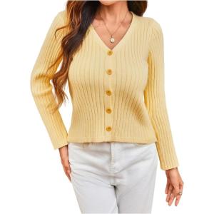 image:imageMakeMeChic Womens Elegant Cozy Cardigan Sweater Long Sleeve Button Down Knitted Pullover Sweater Fall ClothesYellow