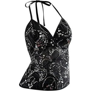 image:imageMakeMeChic Womens Fall Sequin Halter Top Backless Y2K Party Going Out TopsBlack