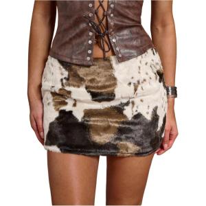 image:imageMakeMeChic Womens Faux Fur Cow Print Mini Skirt Fuzzy Low Waist Party Western SkirtsBlack and Brown