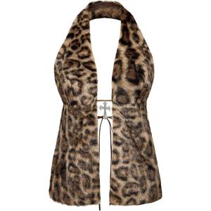 image:imageMakeMeChic Womens Faux Fur Halter Tops Open Back Sleeveless Going Out Tank ClubwearBrown