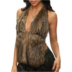 image:imageMakeMeChic Womens Faux Fur Halter Tops Open Back Sleeveless Going Out Tank ClubwearMulticolor