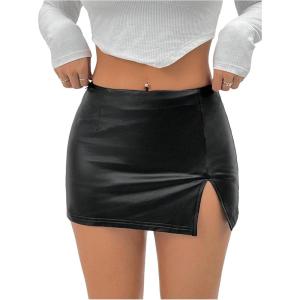 image:imageMakeMeChic Womens Faux Leather Mini Skirt Stretchy Side Split Bodycon SkirtsBlack