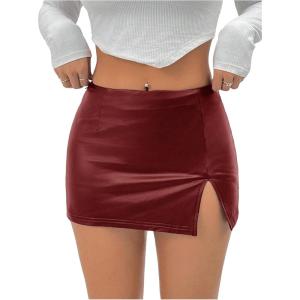 image:imageMakeMeChic Womens Faux Leather Mini Skirt Stretchy Side Split Bodycon SkirtsBurgundy