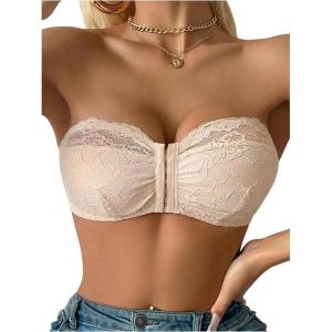 image:imageMakeMeChic Womens Floral Lace Bralette Strapless Bras Lingerie Front Closure Wireless Bra Underwear Tube TopApricot