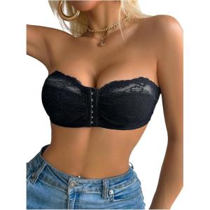image:imageMakeMeChic Womens Floral Lace Bralette Strapless Bras Lingerie Front Closure Wireless Bra Underwear Tube TopBlack