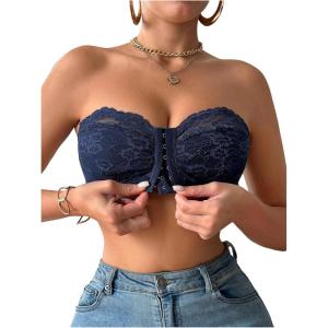 image:imageMakeMeChic Womens Floral Lace Bralette Strapless Bras Lingerie Front Closure Wireless Bra Underwear Tube TopBlue
