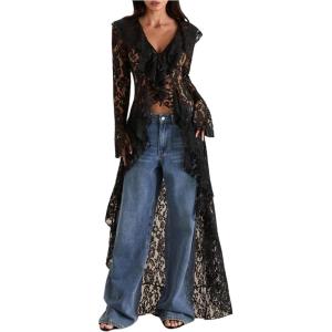 image:imageMakeMeChic Womens Floral Lace Tops Tie V Neck Blouse Long Sleeve Ruffle High Low Elegant ShirtBlack