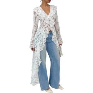 image:imageMakeMeChic Womens Floral Lace Tops Tie V Neck Blouse Long Sleeve Ruffle High Low Elegant ShirtWhite