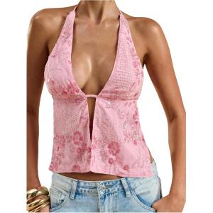 image:imageMakeMeChic Womens Floral Textured Halter Top Sleeveless Tie Back Elegant Cami Crop TopsPink