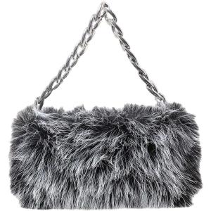 image:imageMakeMeChic Womens Fur Purse Small Square Bags Fuzzy Chain Strap Zipper Y2K Shoulder HandbagsBlack and White