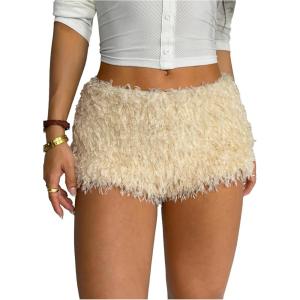 image:imageMakeMeChic Womens Fuzzy Micro Shorts Contrast Skinny Fitted Party Club Y2K Mini ShortsApricot