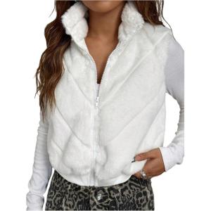 image:imageMakeMeChic Womens Fuzzy Zip Up Vest Crop High Neck Sleeveless Jacket OuterwearWhite