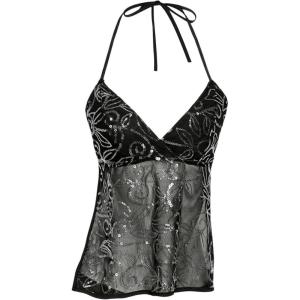 image:imageMakeMeChic Womens Glitter Sequin Mesh Sheer Halter Top Summer Tie Backless Y2K Party Crop TopsBlack