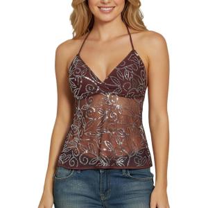 image:imageMakeMeChic Womens Glitter Sequin Mesh Sheer Halter Top Summer Tie Backless Y2K Party Crop TopsCoffee Brown