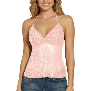 image:imageMakeMeChic Womens Glitter Sequin Mesh Sheer Halter Top Summer Tie Backless Y2K Party Crop TopsPink