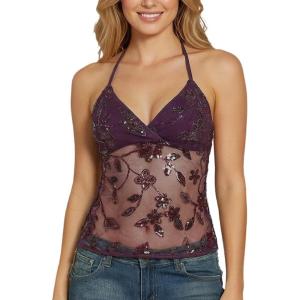 image:imageMakeMeChic Womens Glitter Sequin Mesh Sheer Halter Top Summer Tie Backless Y2K Party Crop TopsRed