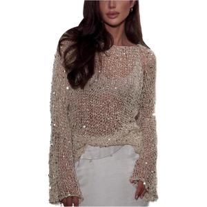 image:imageMakeMeChic Womens Glitter Sequin Tops Crochet Sweater Sparkly Long Sleeve Crew Neck Party Sheer TopApricot