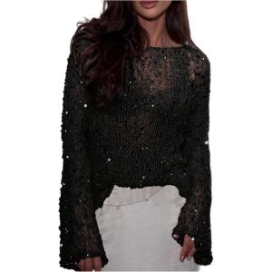 image:imageMakeMeChic Womens Glitter Sequin Tops Crochet Sweater Sparkly Long Sleeve Crew Neck Party Sheer TopBlack