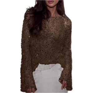 image:imageMakeMeChic Womens Glitter Sequin Tops Crochet Sweater Sparkly Long Sleeve Crew Neck Party Sheer TopBrown