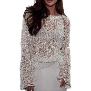 image:imageMakeMeChic Womens Glitter Sequin Tops Crochet Sweater Sparkly Long Sleeve Crew Neck Party Sheer TopWhite