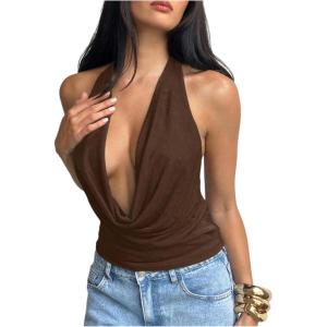 image:imageMakeMeChic Womens Going Out Halter Tops Backless Y2k Cowl Neck Tops Rave OutfitsBrown
