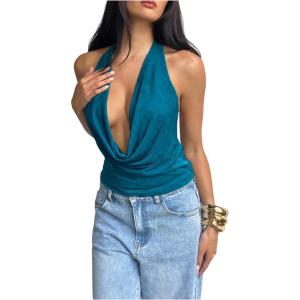 image:imageMakeMeChic Womens Going Out Halter Tops Backless Y2k Cowl Neck Tops Rave OutfitsTeal Blue