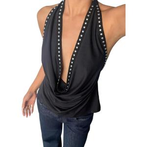 image:imageMakeMeChic Womens Halter Tank Top Deep V Cowl Neck Backless Rivet Summer Going Out TopsBlack