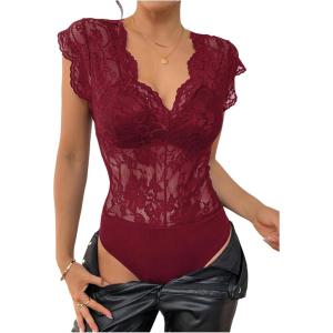 image:imageMakeMeChic Womens Lace Bodysuit Date Night Romper Deep V Neck Lace Tops BodysuitBurgundy