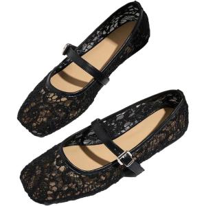 image:imageMakeMeChic Womens Lace Mesh Ballet Flats Shoes Square Closed Toe Shoes Breathable Summer FlatsBlack