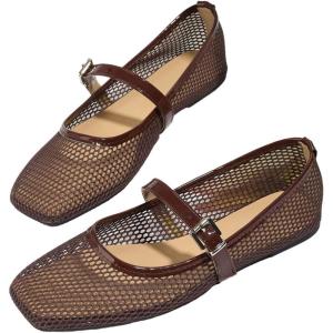 image:imageMakeMeChic Womens Lace Mesh Ballet Flats Shoes Square Closed Toe Shoes Breathable Summer FlatsBrown B